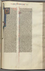 Fol. 449r, Galates, initiale historiée P, Paul assis avec une épée, vers 1275-1300