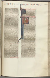 Fol. 452r, Philippiens, initiale historiée P, Paul debout avec une épée et un parchemin, parlant à t