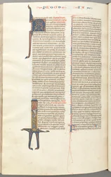 Fol. 476v, Jacques, initiale historiée I, Jacques debout avec un parchemin, vers 1275-1300