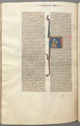 Fol. 482v, Révélations, initiale historiée A, Jean assis à un bureau écrivant...