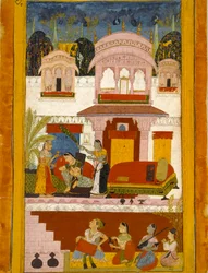 Dame désespérée avec servantes, illustrant le mode musical Patamanjari Ragini, 1695-1700