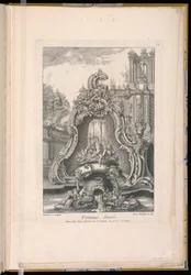 Fontaine avec un cartouche et des bâtiments