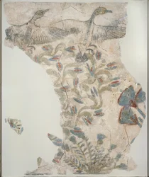 Fragment de pavement en plâtre peint représentant des oies sauvages prenant leur envol, XVIIIe dynastie