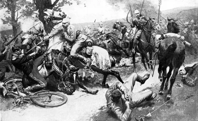 Cavalerie française attaquant les troupes allemandes, Première Guerre mondiale, 1914