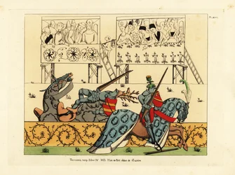 Chevalier français Jean de Saintre en casque avec crête de chardon bat le chevalier espagnol Enguerrant en casque avec crête de cerf dans une joute du manuscrit Histoire de Petit Jehan de Saintre, fin du 15ème siècle