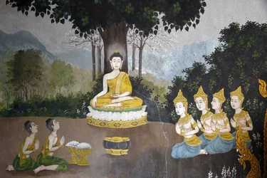 Fresque représentant une scène de la vie du Bouddha à Wat Phra Doi Suthep, Chiang Mai. Bouddha recevant des aumônes. Thaïlande