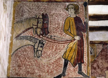 Fresque de la Tour Ferrande à Pernes-les-Fontaines (Pernes les Fontaines, Vaucluse (84)) du XIIIe siècle : Un palefrenier tenant les rênes de trois chevaux.