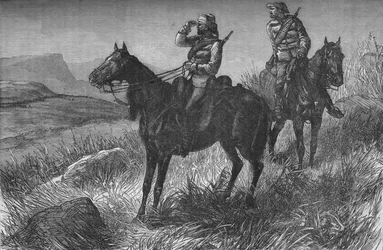 Frontier Light Horse, en service de vedette, découvrant des Zoulous près du camp de Woods, sur la colline de Kambula, c1880