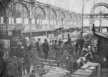 Ventes aux enchères de fruits au marché de Covent Garden, Londres, vers 1901