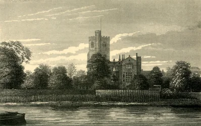 Église de Fulham, depuis la Tamise, vers 1878