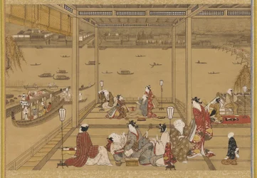 Gaieté dans une maison de thé au bord de la rivière
