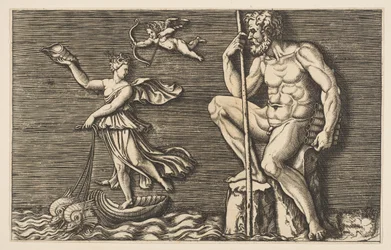 Galatée échappant à Polyphème, il est assis sur un rocher tenant un bâton et des pipes, vers 1515-1600