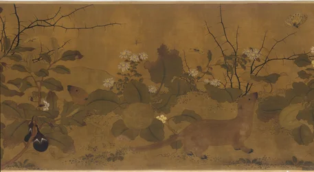 Scène de jardin : melons, aubergines, fleurs et deux belettes