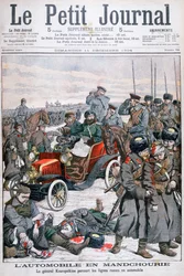 Le général Kouropatkine visitant les lignes russes en voiture, guerre russo-japonaise, 1904