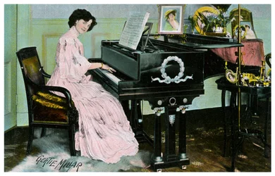 Gertie Millar, actrice et chanteuse britannique, jouant du piano, vers 1890-1909