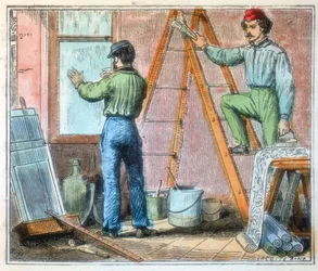 Vitrier et poseur de papier peint travaillant dans une maison