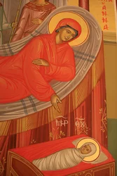 Icône orthodoxe grecque représentant la naissance de Marie, Thessalonique, Grèce