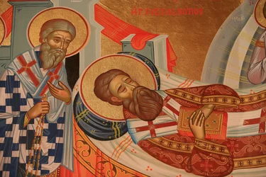 Icône orthodoxe grecque représentant la dormition (mort) de Saint Grégoire Palamas, Thessalonique, Grèce