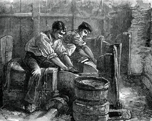 Meuleurs au travail, vers 1880