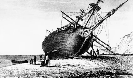 HMS Beagle échoué, Rio Santa Cruz, Patagonie, Amérique du Sud, 1834-1839