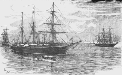 HMS Iris, avec les canonnières Beacon et Decoy, bloquant Damiette, vers 1882