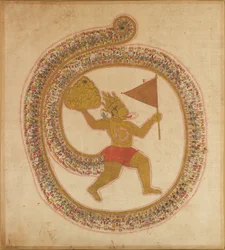 Hanuman portant le sommet de la montagne avec des herbes médicinales, vers 1800
