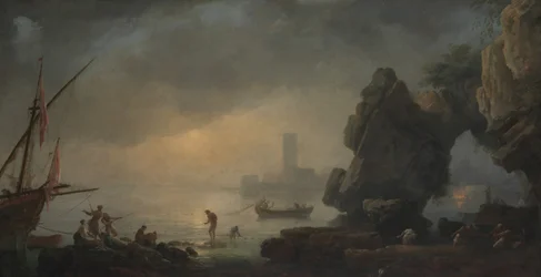 Scène de port avec une grotte et des pêcheurs tirant des filets