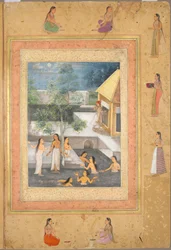 Scène de Bain Nocturne dans le Harem recto : Calligraphie Encadrée par une Bordure Ornementale...verso, vers 1650