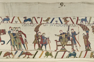 Harold et le comte Guy de Ponthieu discutent ensemble à Beaurain, Tapisserie de Bayeux