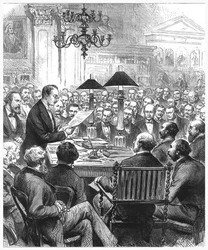 Heinrich Schliemann donnant une conférence à Londres, 1877