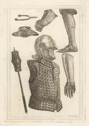 Casque et brigandine, jambière en fer, gantelet appartenant à Jean de Gand, gantelet en fer, gorgerin, masse en fer, éperon antique en fer