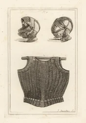 Casque trouvé à Bosworth Field, et cuirasse flexible en lamelles de métal sur cuir, dit appartenir à Henri VIII
