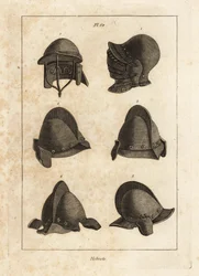Casque avec mentonnière ouvrante vers le bas à la Tour de Londres 1, casque à double barre 2, et salet avec oreillettes 3-6