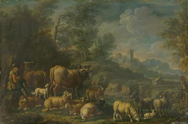 Berger avec son troupeau dans un paysage romantique