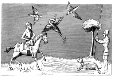 Fauconnage de héron, XIVe siècle, 1849