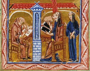 Hildegard reçoit une vision en présence de son secrétaire Volmar et de sa confidente Richardis