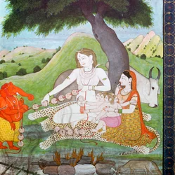Sainte famille au terrain brûlant, montrant Siva, Parvati et Ghanesh, 19ème siècle
