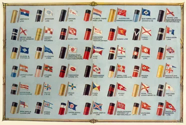 Drapeaux et cheminées des lignes de paquebots, vers 1930