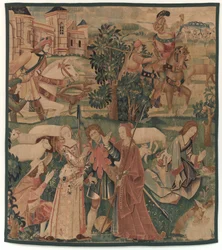 Scènes de chasse et pastorales, avec un homme riant entre des dames