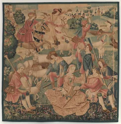 Scènes de chasse et pastorales, avec un héros couronné entre des dames, vers 1510
