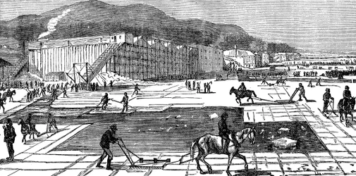 Collecte de glace sur la rivière Hudson près de New York, USA, 1875