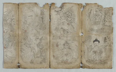 Dessin iconographique : Vaishravana, Yama, Vsnisavijaya, Tara et Bouddha recto, c. 1500