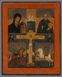 Icône - Crucifixion avec la Mère de Dieu de Kazan, Saint Nicolas, Saint Georges et Dimitri
