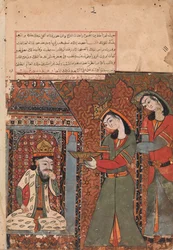 Ilar ou Irakht sur le Point de Jeter le Bol de Riz au Roi, Folio de Kalila wa Dimna
