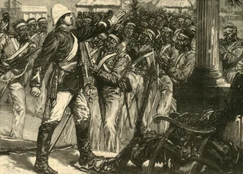 Incident lors de la mutinerie indienne : le lieutenant De Kantzow calmant les Cipayes à Mynpooree, 1890