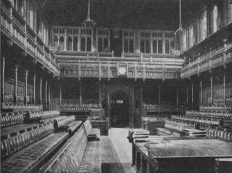 Intérieur de la Chambre des communes, Westminster, vue vers la galerie des étrangers, 1909