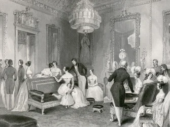 Intérieur du salon jaune, Buckingham Palace, Londres, 1840