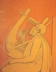 Vue intérieure de dessins figuratifs décoratifs de représentation symbolique masculine de la Grèce antique dans la salle à manger à Holmwood, Glasgow (photo)