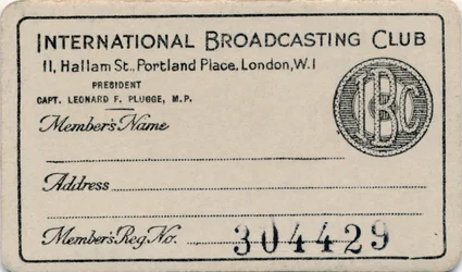 International Broadcasting Club : carte de membre, vers les années 1930