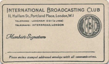 International Broadcasting Club : carte de membre, vers les années 1930